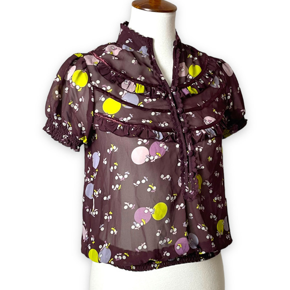 🍀 Kimchi Blue Women's Purple Taupe Printed Ruffle Puff Short Sleeve Blouse XS - Picture 3 of 10